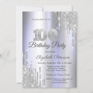 Silver Glitzer Tropfens Lila 100. Geburtstag Einladung