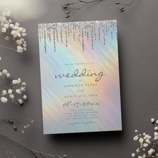 Silver Glitzer Tropfens Rainbow Holographic Weddin Einladung (Silver Glitter Drips Rainbow Holographic Wedding Invitation )