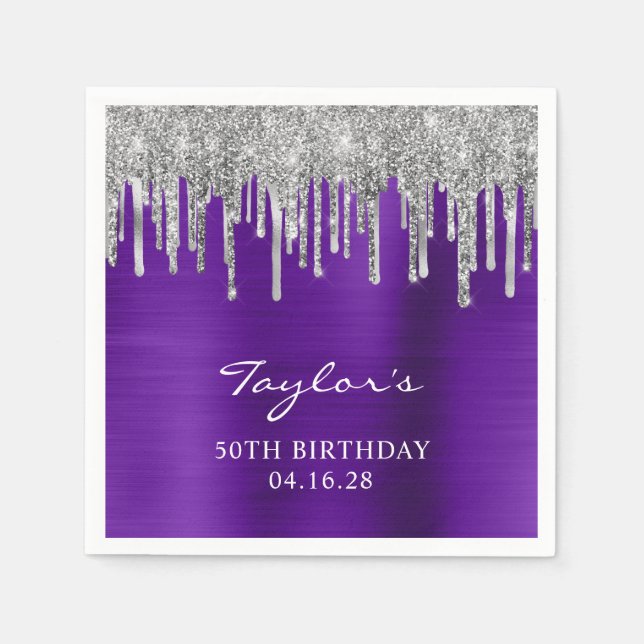Silver Glitzer Tropfens Violet Lila 50. Geburtstag Serviette (Vorderseite)
