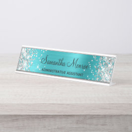 Silver Glitzer Türkis Blauer Foil Schreibtischnamensplakette