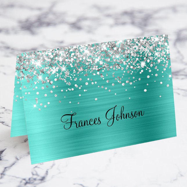 Silver Glitzer Türkis Individuelle Platzkarten Tischnummer (Silver Glitter Turquoise Individual Place Cards)