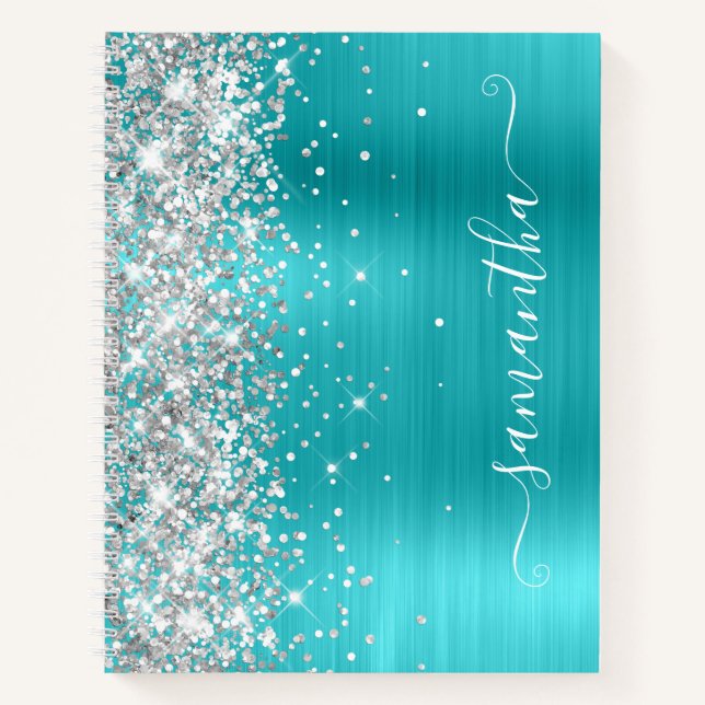 Silver Glitzer Türkise Blue Foil Girly Signature Notizbuch (Vorderseite)