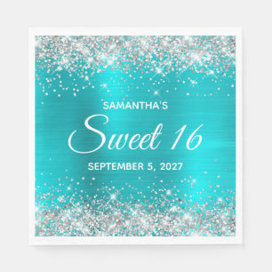 Silver Glitzer Türkise Blue Ombre Foil Sweet 16 Serviette
