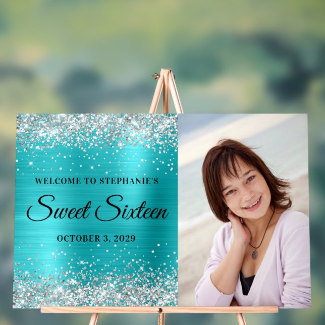 Silver Glitzer Turquoise Blue Foil 16 . Geburtstag Acrylschild (Neutral)