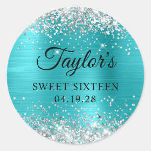 Silver Glitzer Turquoise Blue Foil 16 . Geburtstag Runder Aufkleber