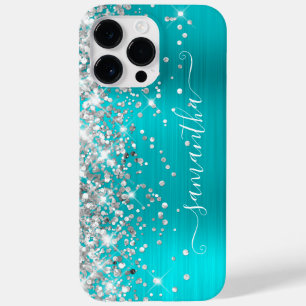 Silver Glitzer Turquoise Blue Girly Signature Case-Mate iPhone 14 Pro Max Hülle