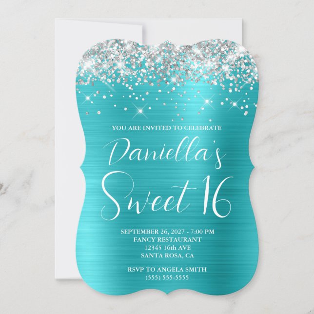 Silver Glitzer Turquoise Blue Luxurious Sweet 16 Einladung (Vorderseite)
