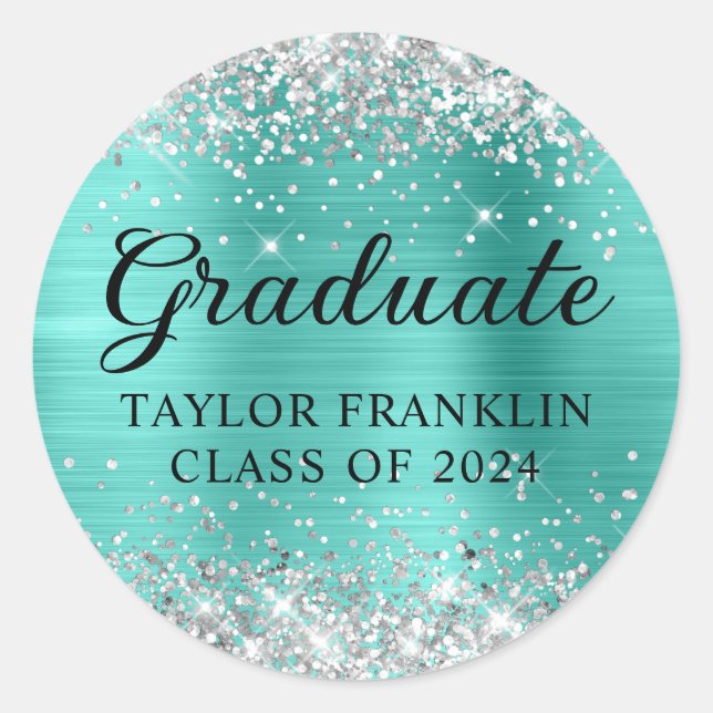 Silver Glitzer Turquoise Class of 2024 Graduate Runder Aufkleber (Vorderseite)