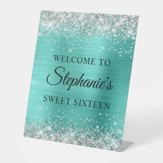 Silver Glitzer Turquoise Foil 16 . Geburtstag Sockelschild