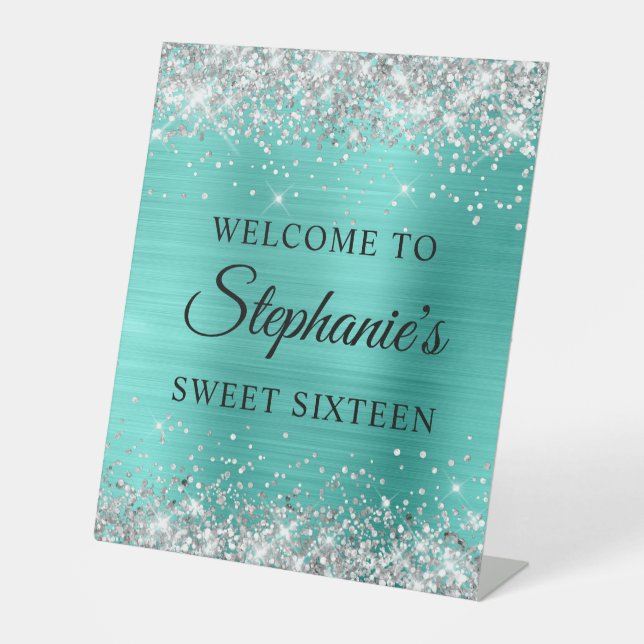 Silver Glitzer Turquoise Foil 16 . Geburtstag Sockelschild (Vorderseite)