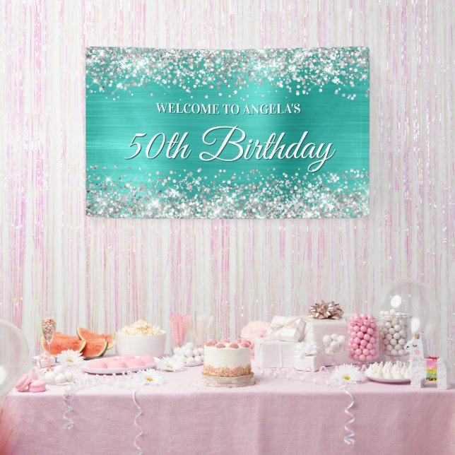 Silver Glitzer Turquoise Foil 50. Geburtstag Banner (Party)