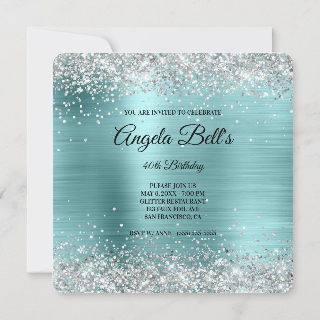 Silver Glitzer Turquoise Foil Extravagant Monogram Einladung (Rückseite)