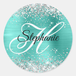Silver Glitzer Turquoise Foil Extravagant Monogram Runder Aufkleber