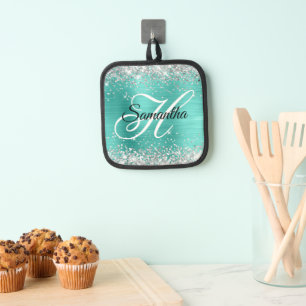 Silver Glitzer Turquoise Foil Extravagant Monogram Topflappen