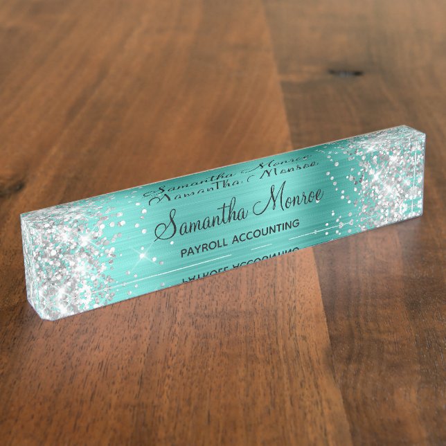Silver Glitzer Turquoise Foil Namensplakette (Seite)