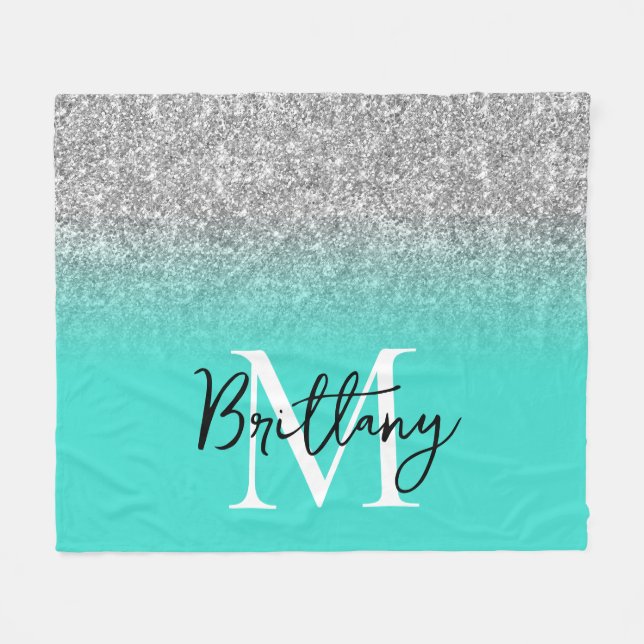 Silver Glitzer Turquoise Ombre Monogram Fleecedecke (Vorderseite (Horizontal))