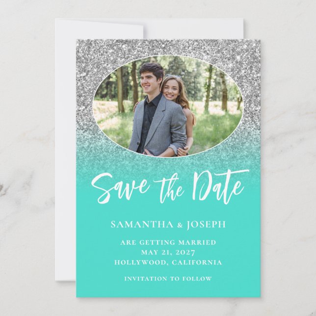 Silver Glitzer Turquoise Ombre Oval Foto Save The Date (Vorderseite)