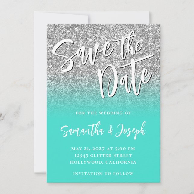 Silver Glitzer Turquoise Ombre Save The Date (Vorderseite)