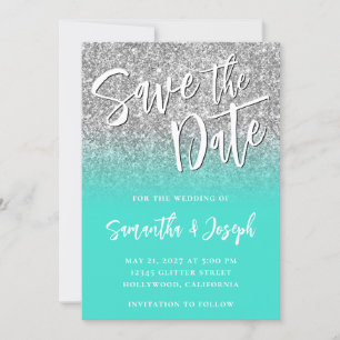Silver Glitzer Turquoise Ombre Save The Date