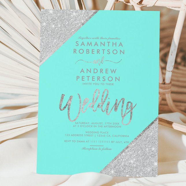 Silver Glitzer Typografie Aqua Blue Hochzeit Einladung (Von Creator hochgeladen)