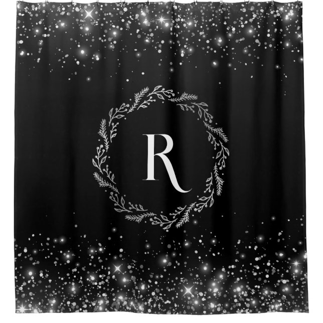 Silver Glitzer und Black elegant Mit Monogramm Duschvorhang (Vorderseite)