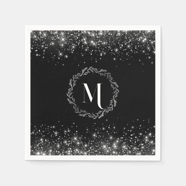 Silver Glitzer und Black elegant Mit Monogramm Serviette (Vorderseite)