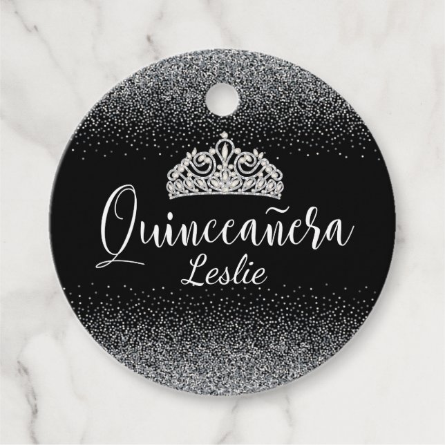 Silver Glitzer und Black Quinceñera Geschenkanhänger (Vorderseite)
