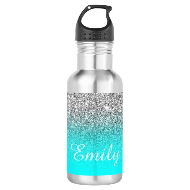 Silver Glitzer und Bright Aqua Ombre Edelstahlflasche (Vorderseite)