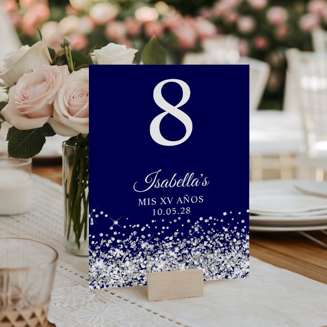 Silver Glitzer und Navy Blue Mis XV Anos Tischnummer (Silver Glitter and Navy Blue Mis XV Anos Table Number)