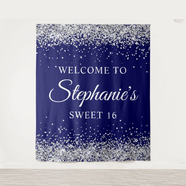 Silver Glitzer und Navy Blue Willkommen in Sweet 1 Wandteppich (Vorderseite)