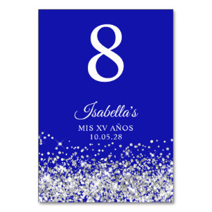 Silver Glitzer und Royal Blue Mis XV Anos Tischnummer