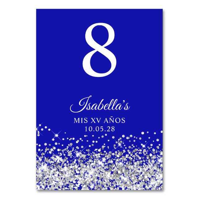 Silver Glitzer und Royal Blue Mis XV Anos Tischnummer (Vorderseite)