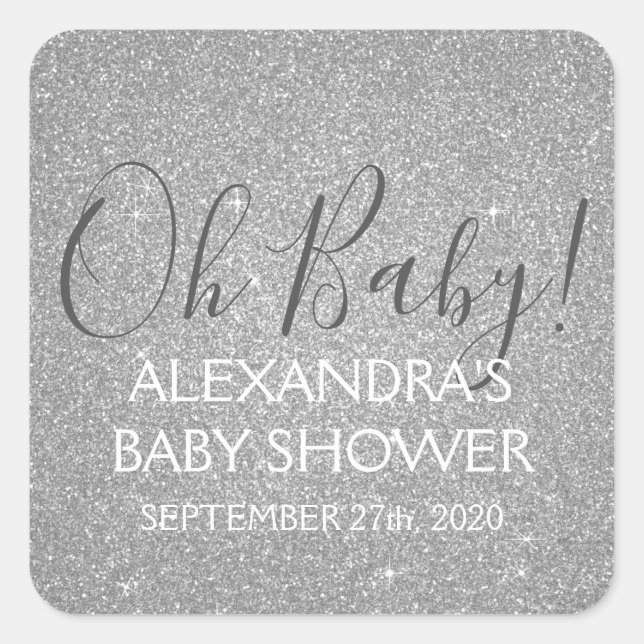 Silver Glitzer und Sparkle Oh Baby! Dusche Quadratischer Aufkleber (Vorderseite)