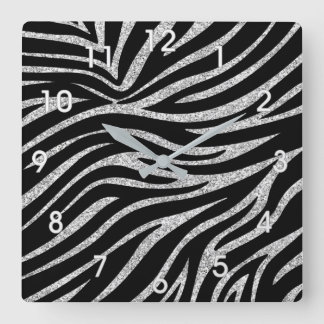 SILVER GLITZER UND ZEBRA STRIPES WALL CLOCK QUADRATISCHE WANDUHR