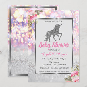 Silver Glitzer Unicorn Bokeh, Floral Baby Dusche Einladung