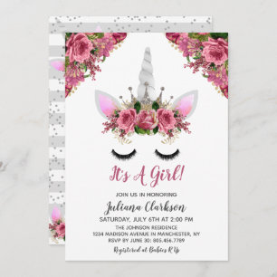 Silver Glitzer Unicorn Princess Baby Dusche Einladung