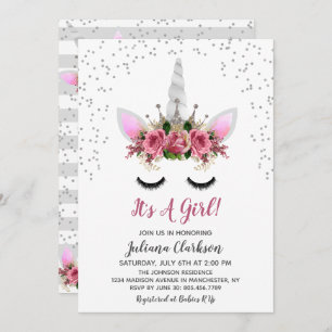 Silver Glitzer Unicorn Princess Baby Dusche Einladung