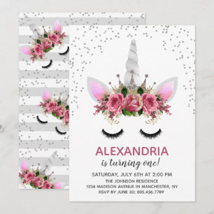 Silver Glitzer Unicorn Princess Birthday Einladung