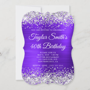 Silver Glitzer Violet Monogram 40. Geburtstag Einladung