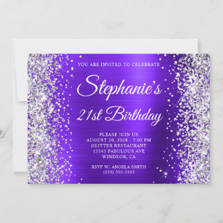 Silver Glitzer Violet Monogramm 21. Geburtstag Einladung
