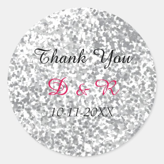 Silver Glitzer Wedding Personalisiert Runder Aufkleber (Vorderseite)