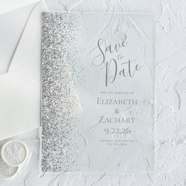 Silver Glitzer Wedding Save the Date Acryleinladungen (Von Creator hochgeladen)