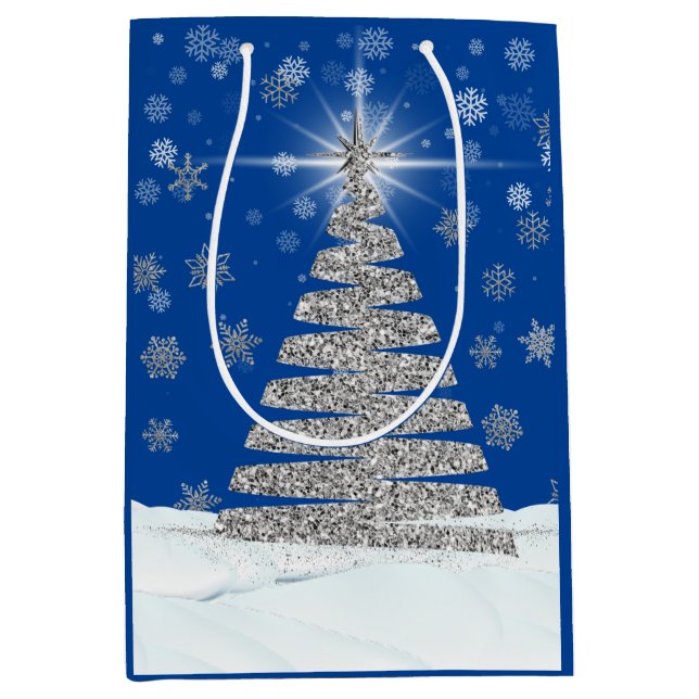 Silver Glitzer Weihnachtsbaum auf blau Mittlere Geschenktüte (Vorderseite)
