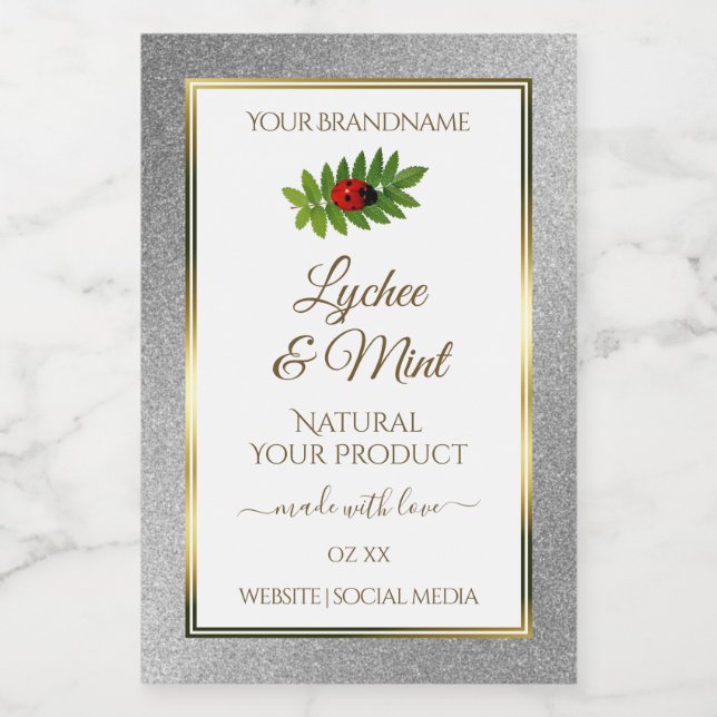Silver Glitzer White Product Labels Ladybug Leaf Lebensmitteletikett (Einzelnes Label)