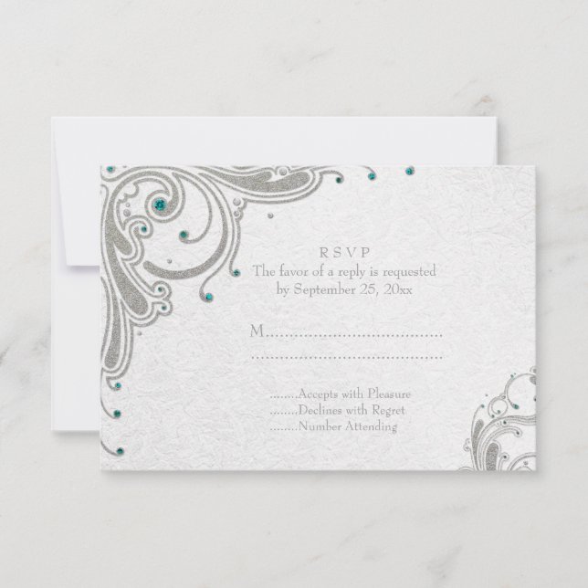 Silver Glitzer Wirbel + Aqua Juwelen Hochzeit RSVP (Vorderseite)