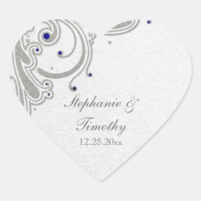 Silver Glitzer Wirbel + Blauer Juwel Hochzeitstick Herz-Aufkleber (Vorderseite)