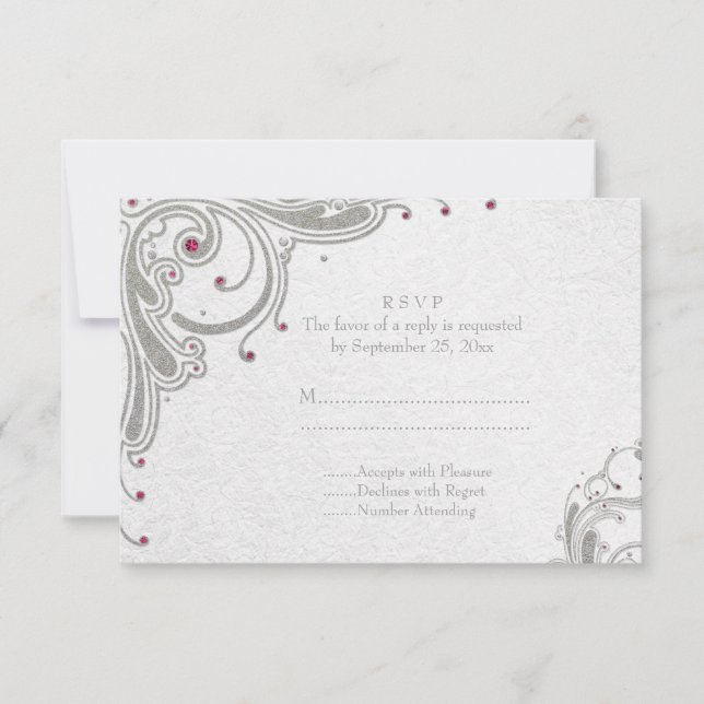 Silver Glitzer Wirbel + rosa Juwelen Hochzeit RSVP (Vorderseite)