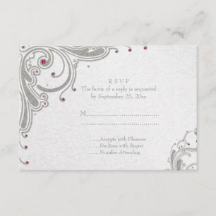 Silver Glitzer Wirbel + rosa Juwelen Hochzeit RSVP Karte