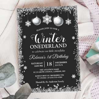 Silver Glitzer Xmas ONEderland Geburtstagsparty Einladung
