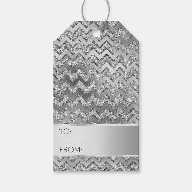 Silver Glitzer Zigzag Streifen Weihnachten Geschenkanhänger (Vorderseite)